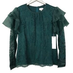 Rachel Parcell Dark Green Botanical Floral Lace Flutter Sleeve Top NEW